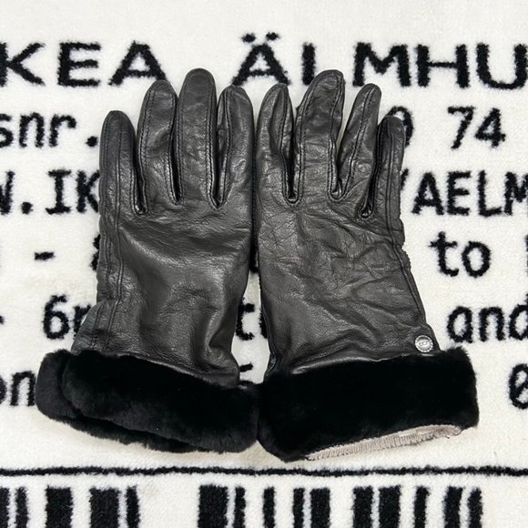 UGG Leather Fur Trim Gloves - Women Small/Medium - Picture 1 of 5